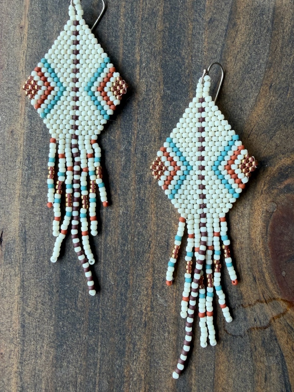 Handmade Fringe Earrings - Cream, Turquoise & Copper